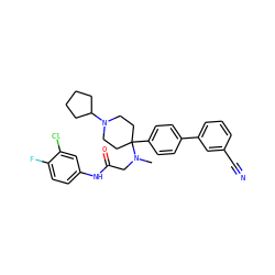 CN(CC(=O)Nc1ccc(F)c(Cl)c1)C1(c2ccc(-c3cccc(C#N)c3)cc2)CCN(C2CCCC2)CC1 ZINC000038157911
