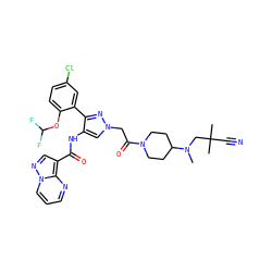 CN(CC(C)(C)C#N)C1CCN(C(=O)Cn2cc(NC(=O)c3cnn4cccnc34)c(-c3cc(Cl)ccc3OC(F)F)n2)CC1 ZINC001772603676
