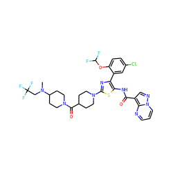 CN(CC(F)(F)F)C1CCN(C(=O)C2CCN(c3nc(-c4cc(Cl)ccc4OC(F)F)c(NC(=O)c4cnn5cccnc45)s3)CC2)CC1 ZINC001772597122
