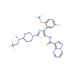CN(CC(F)(F)F)C1CCN(c2nc(-c3cc(Cl)ccc3OC(F)F)c(NC(=O)c3cnn4cccnc34)s2)CC1 ZINC001772605881