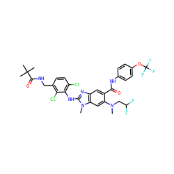 CN(CC(F)F)c1cc2c(cc1C(=O)Nc1ccc(OC(F)(F)F)cc1)nc(Nc1c(Cl)ccc(CNC(=O)C(C)(C)C)c1Cl)n2C ZINC000169701018