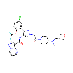 CN(CC1(C)COC1)C1CCN(C(=O)Cn2cc(NC(=O)c3cnn4cccnc34)c(-c3cc(Cl)ccc3OC(F)F)n2)CC1 ZINC001772648981