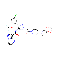 CN(CC1(C)OCCO1)C1CCN(C(=O)Cn2cc(NC(=O)c3cnn4cccnc34)c(-c3cc(Cl)ccc3OC(F)F)n2)CC1 ZINC001772581849
