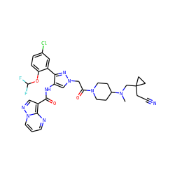CN(CC1(CC#N)CC1)C1CCN(C(=O)Cn2cc(NC(=O)c3cnn4cccnc34)c(-c3cc(Cl)ccc3OC(F)F)n2)CC1 ZINC001772645445