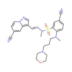 CN(CCCN1CCOCC1)c1ccc(C#N)cc1S(=O)(=O)N(C)/N=C/c1cnn2ccc(C#N)cc12 ZINC001772624664