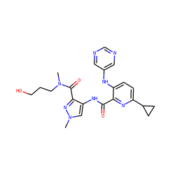 CN(CCCO)C(=O)c1nn(C)cc1NC(=O)c1nc(C2CC2)ccc1Nc1cncnc1 ZINC000148312256