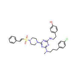 CN(CCCc1ccc(Cl)cc1)c1nc(NCCc2ccc(O)cc2)nc(N2CCN(S(=O)(=O)/C=C/c3ccccc3)CC2)n1 ZINC000027632895
