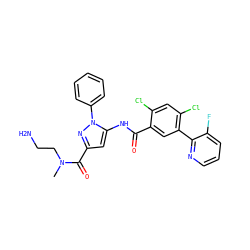 CN(CCN)C(=O)c1cc(NC(=O)c2cc(-c3ncccc3F)c(Cl)cc2Cl)n(-c2ccccc2)n1 ZINC001772639886