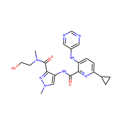 CN(CCO)C(=O)c1nn(C)cc1NC(=O)c1nc(C2CC2)ccc1Nc1cncnc1 ZINC000147744505