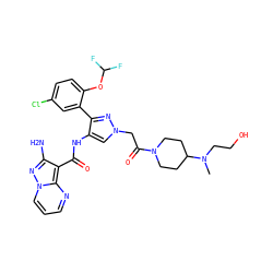 CN(CCO)C1CCN(C(=O)Cn2cc(NC(=O)c3c(N)nn4cccnc34)c(-c3cc(Cl)ccc3OC(F)F)n2)CC1 ZINC001772574577