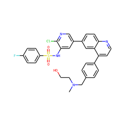 CN(CCO)Cc1ccc(-c2ccnc3ccc(-c4cnc(Cl)c(NS(=O)(=O)c5ccc(F)cc5)c4)cc23)cc1 ZINC000205646207