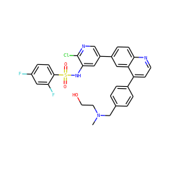 CN(CCO)Cc1ccc(-c2ccnc3ccc(-c4cnc(Cl)c(NS(=O)(=O)c5ccc(F)cc5F)c4)cc23)cc1 ZINC000205644164