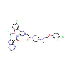 CN(CCOc1ccc(Cl)cc1)C1CCN(C(=O)Cn2cc(NC(=O)c3cnn4cccnc34)c(-c3cc(Cl)ccc3OC(F)F)n2)CC1 ZINC001772597251