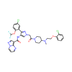 CN(CCOc1ccccc1Cl)C1CCN(C(=O)Cn2cc(NC(=O)c3cnn4cccnc34)c(-c3cc(Cl)ccc3OC(F)F)n2)CC1 ZINC001772608051