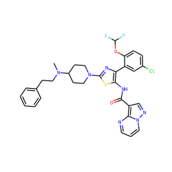 CN(CCc1ccccc1)C1CCN(c2nc(-c3cc(Cl)ccc3OC(F)F)c(NC(=O)c3cnn4cccnc34)s2)CC1 ZINC001772621640