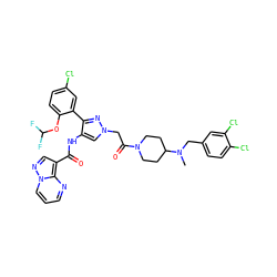 CN(Cc1ccc(Cl)c(Cl)c1)C1CCN(C(=O)Cn2cc(NC(=O)c3cnn4cccnc34)c(-c3cc(Cl)ccc3OC(F)F)n2)CC1 ZINC001772641173