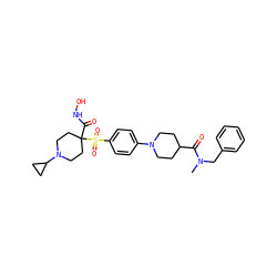 CN(Cc1ccccc1)C(=O)C1CCN(c2ccc(S(=O)(=O)C3(C(=O)NO)CCN(C4CC4)CC3)cc2)CC1 ZINC000049785561