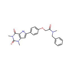 CN(Cc1ccccc1)C(=O)COc1ccc(-c2cc3c([nH]2)c(=O)n(C)c(=O)n3C)cc1 ZINC000013678875
