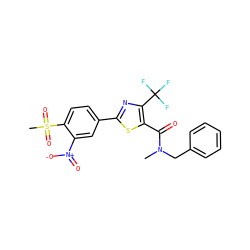 CN(Cc1ccccc1)C(=O)c1sc(-c2ccc(S(C)(=O)=O)c([N+](=O)[O-])c2)nc1C(F)(F)F ZINC000084690137