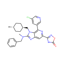 CN(Cc1ccccc1)c1nc2cc(-c3noc(=O)[nH]3)nc(-c3cncc(Cl)c3)c2n1C[C@H]1CC[C@H](C)CC1 ZINC000261147850