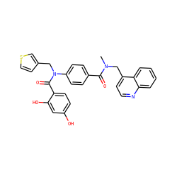 CN(Cc1ccnc2ccccc12)C(=O)c1ccc(N(Cc2ccsc2)C(=O)c2ccc(O)cc2O)cc1 ZINC000653668919