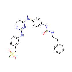 CN(c1ccc(NC(=O)NCCc2ccccc2)cc1)c1ccnc(Nc2cccc(CS(C)(=O)=O)c2)n1 ZINC000014945149