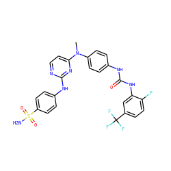CN(c1ccc(NC(=O)Nc2cc(C(F)(F)F)ccc2F)cc1)c1ccnc(Nc2ccc(S(N)(=O)=O)cc2)n1 ZINC000014945141