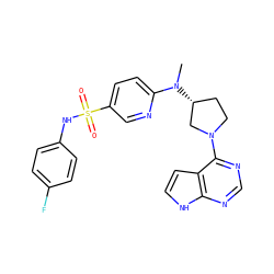 CN(c1ccc(S(=O)(=O)Nc2ccc(F)cc2)cn1)[C@@H]1CCN(c2ncnc3[nH]ccc23)C1 ZINC000149552945