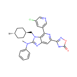 CN(c1ccccc1)c1nc2cc(-c3noc(=O)[nH]3)nc(-c3cncc(Cl)c3)c2n1C[C@H]1CC[C@H](C)CC1 ZINC000261112955