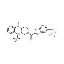 CN(c1ncccc1NC1(C)CC1)C1CCN(C(=O)c2cc3cc(NS(C)(=O)=O)ccc3[nH]2)CC1 ZINC000013758751