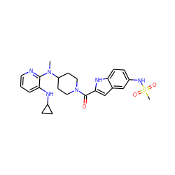 CN(c1ncccc1NC1CC1)C1CCN(C(=O)c2cc3cc(NS(C)(=O)=O)ccc3[nH]2)CC1 ZINC000013758749