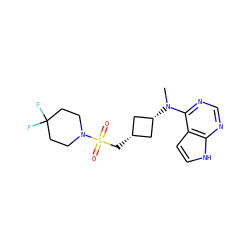 CN(c1ncnc2[nH]ccc12)[C@H]1C[C@@H](CS(=O)(=O)N2CCC(F)(F)CC2)C1 ZINC000261130152