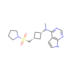 CN(c1ncnc2[nH]ccc12)[C@H]1C[C@@H](CS(=O)(=O)N2CCCC2)C1 ZINC001772623982