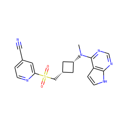 CN(c1ncnc2[nH]ccc12)[C@H]1C[C@@H](CS(=O)(=O)c2cc(C#N)ccn2)C1 ZINC000261115757