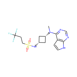 CN(c1ncnc2[nH]ccc12)[C@H]1C[C@@H](NS(=O)(=O)CCC(F)(F)F)C1 ZINC001772638651