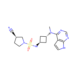 CN(c1ncnc2[nH]ccc12)[C@H]1C[C@H](NS(=O)(=O)N2CC[C@@H](C#N)C2)C1 ZINC000261176399