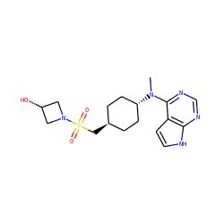 CN(c1ncnc2[nH]ccc12)[C@H]1CC[C@H](CS(=O)(=O)N2CC(O)C2)CC1 ZINC000261079706