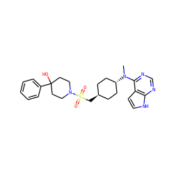 CN(c1ncnc2[nH]ccc12)[C@H]1CC[C@H](CS(=O)(=O)N2CCC(O)(c3ccccc3)CC2)CC1 ZINC000261185748