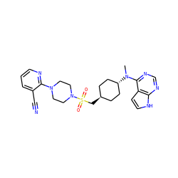 CN(c1ncnc2[nH]ccc12)[C@H]1CC[C@H](CS(=O)(=O)N2CCN(c3ncccc3C#N)CC2)CC1 ZINC000261150478