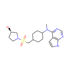 CN(c1ncnc2[nH]ccc12)C1CCC(CS(=O)(=O)N2CC[C@@H](O)C2)CC1 ZINC000141957257