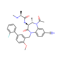 CN[C@@H](C)C(=O)N[C@@H]1C(=O)N(Cc2cc(-c3ccccc3F)ccc2OC)c2ccc(C#N)cc2N(C(C)=O)[C@H]1C ZINC000210474355