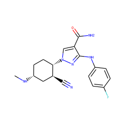 CN[C@@H]1CC[C@H](n2cc(C(N)=O)c(Nc3ccc(F)cc3)n2)[C@@H](C#N)C1 ZINC000221883729