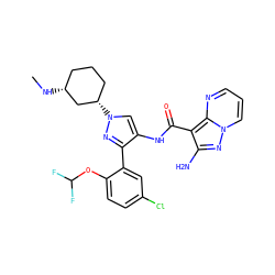 CN[C@@H]1CCC[C@H](n2cc(NC(=O)c3c(N)nn4cccnc34)c(-c3cc(Cl)ccc3OC(F)F)n2)C1 ZINC001772627898