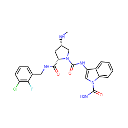 CN[C@H]1C[C@@H](C(=O)NCc2cccc(Cl)c2F)N(C(=O)Nc2cn(C(N)=O)c3ccccc23)C1 ZINC000148169495