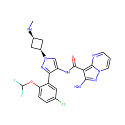 CN[C@H]1C[C@@H](n2cc(NC(=O)c3c(N)nn4cccnc34)c(-c3cc(Cl)ccc3OC(F)F)n2)C1 ZINC001772585051