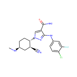 CN[C@H]1CC[C@H](n2cc(C(N)=O)c(Nc3ccc(Cl)c(F)c3)n2)[C@@H](C#N)C1 ZINC000221855872