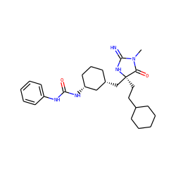 CN1C(=N)N[C@](CCC2CCCCC2)(C[C@H]2CCC[C@@H](NC(=O)Nc3ccccc3)C2)C1=O ZINC000140718929