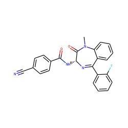CN1C(=O)[C@@H](NC(=O)c2ccc(C#N)cc2)N=C(c2ccccc2F)c2ccccc21 ZINC000013601646