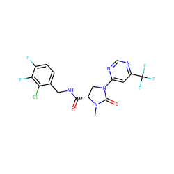 CN1C(=O)N(c2cc(C(F)(F)F)ncn2)C[C@H]1C(=O)NCc1ccc(F)c(F)c1Cl ZINC000095565439