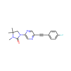 CN1C(=O)N(c2cnc(C#Cc3ccc(F)cc3)cn2)CC1(C)C ZINC000144367468